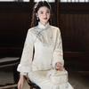 Elegant Embroidered Velvet-Lined Long Sleeve Cheongsam Dress Women Winter Thick Warm Retro Style