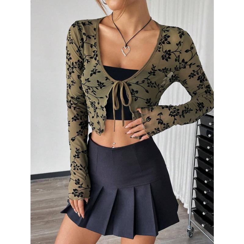 Herbst und Winter Damen Elegantes Transparentes Mesh Beflocktes Vorderteil zum Binden Langarm T-Shirt