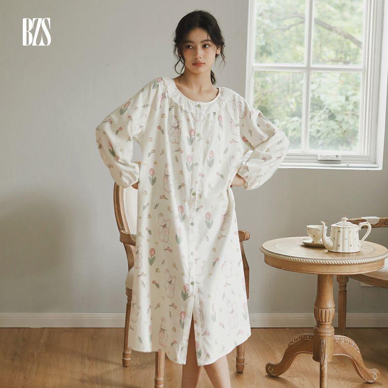 

2024 Fall and Winter New Women s Sweet Cute Long Sleeve Nightdress Pajamas Suit Warm Plaid Cotton Brushed Home Wear Nightdress M [recommend 52.50 kg-60.00 kg]]
