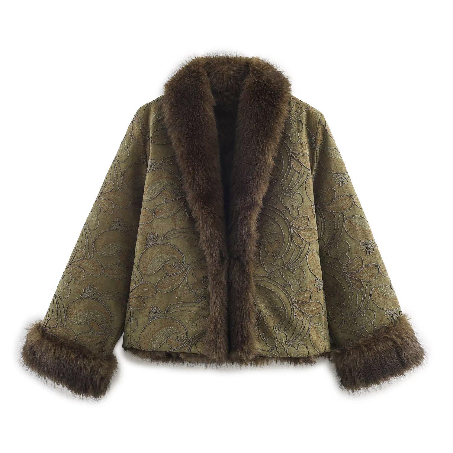 

European and American Women s Fashion: Embroidered Double-Sided Faux Fur Coat Small