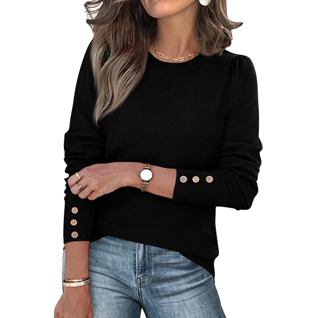 Womens Fashion Long Sleeve Button Cuff Soft Knit Pullover Trendy Tops Solid Color