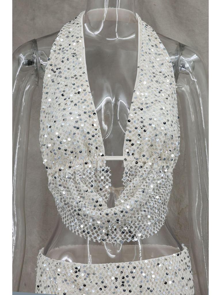 2026 Frühling/Sommer Europäisches & Amerikanisches Pailletten Neckholder Kordelzug Schlitz Rock Set