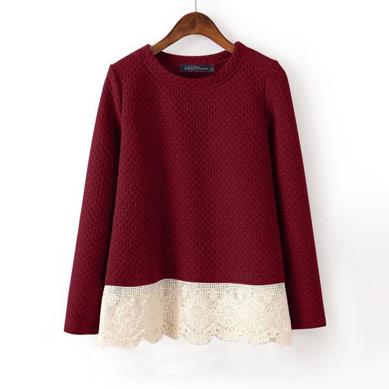 

ZANZEA Женские повседневные свитшоты с круглым вырезом и длинными рукавами, с кружевной отделкой 2XL вино красного