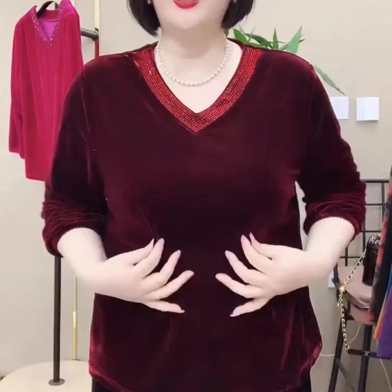 Nueva Blusa Holgada de Terciopelo a la Moda para Mujer Cuello en V Color Sólido Retro Elegante Jersey