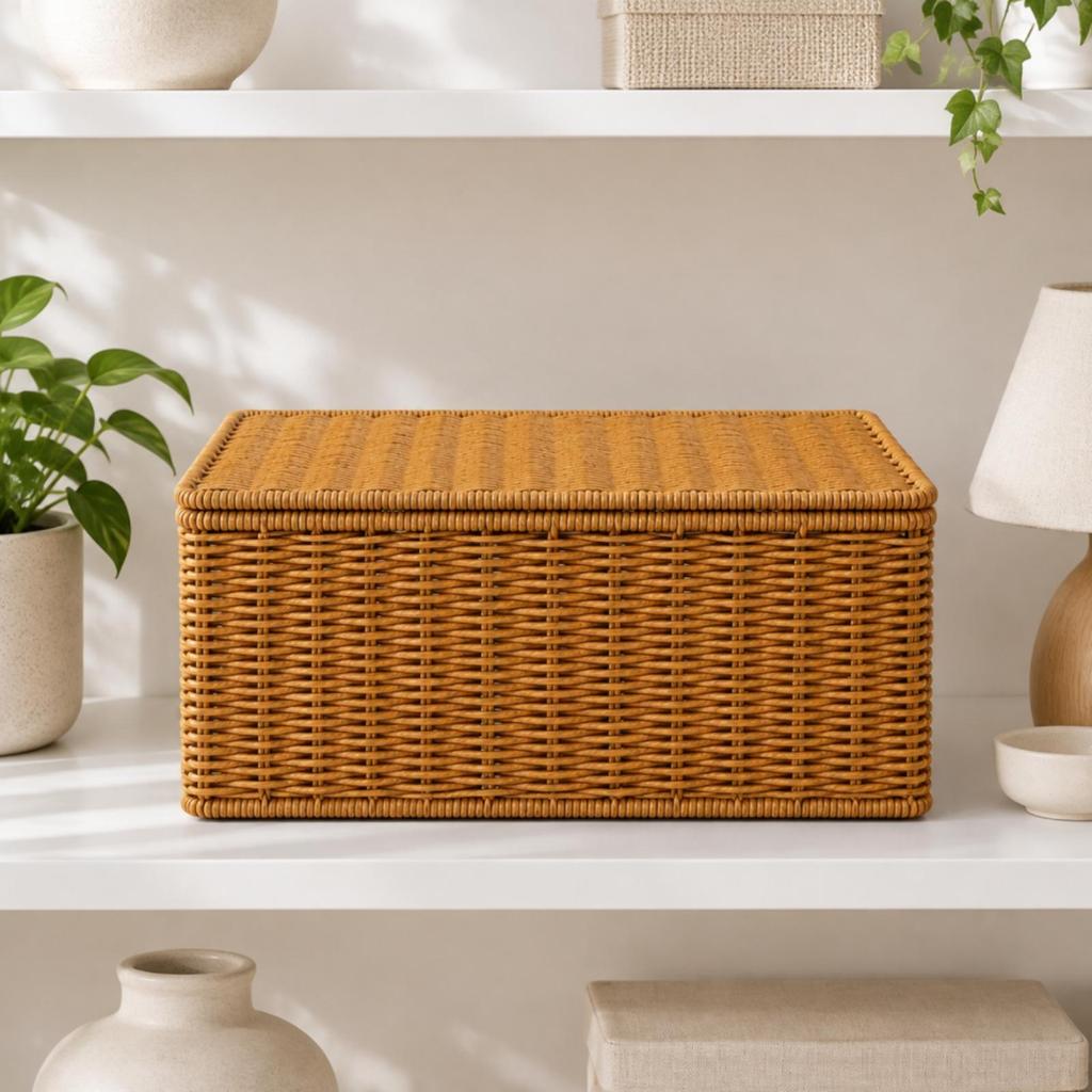 Rattan-Style Storage Basket with Fitted Lid Rustic for Living Room, Shelf