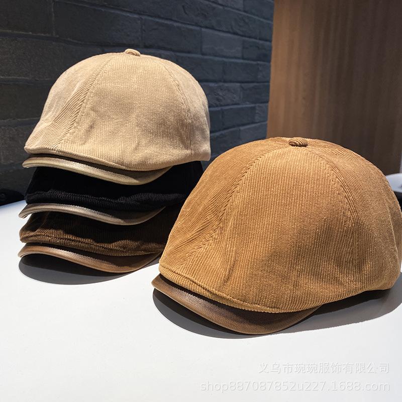 New British Retro Duck Tongue Beret Women's Versatile Face Small Forward Hat Corduroy Warm Newsboy Painter Hat