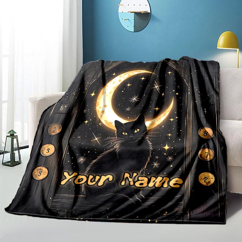1PC Custom Name Moonlit Cat Journey blanket versatile,all-season throw suitable for the living room,bedroom,camping,travel,and gift