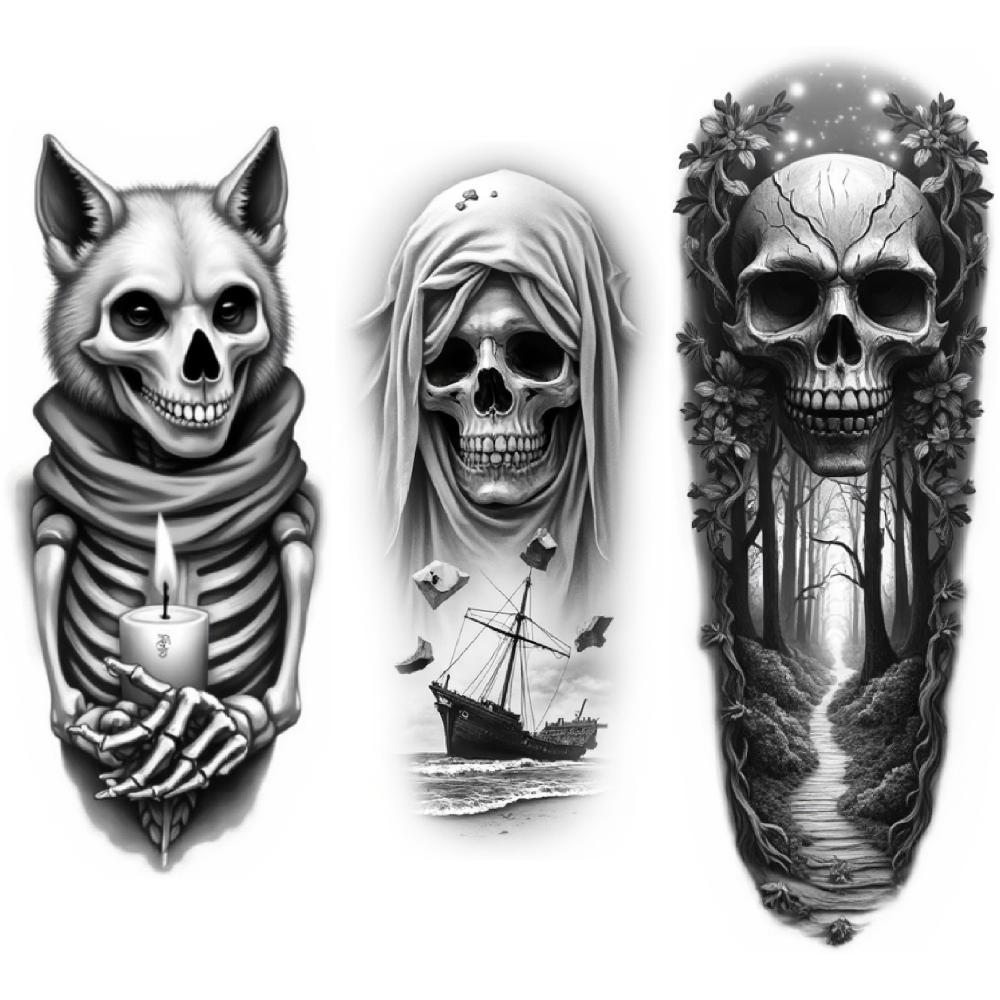 3 шт. Временные татуировки Реалистичные временные татуировки Череп в шлеме и с цветами Череп с короной Череп с рукой Для женщин