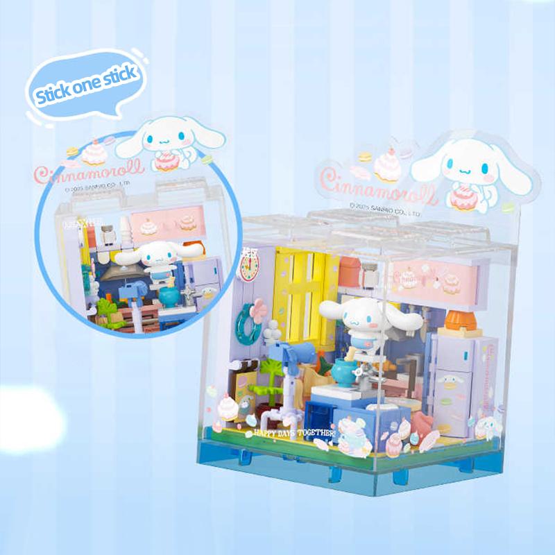 Sanrio Building Blocks Hellokitty Kuromi Bakery Dessert House Ocean Restaurant Shop Model Brick Desktop Display Adult Collection