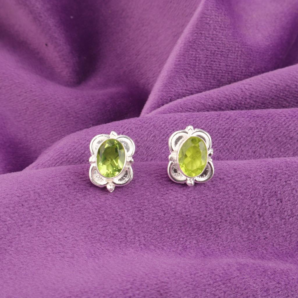 Natural Peridot 925 Silver Daughter Gift Stud Handmade August Art Deco Earrings EE-149-10