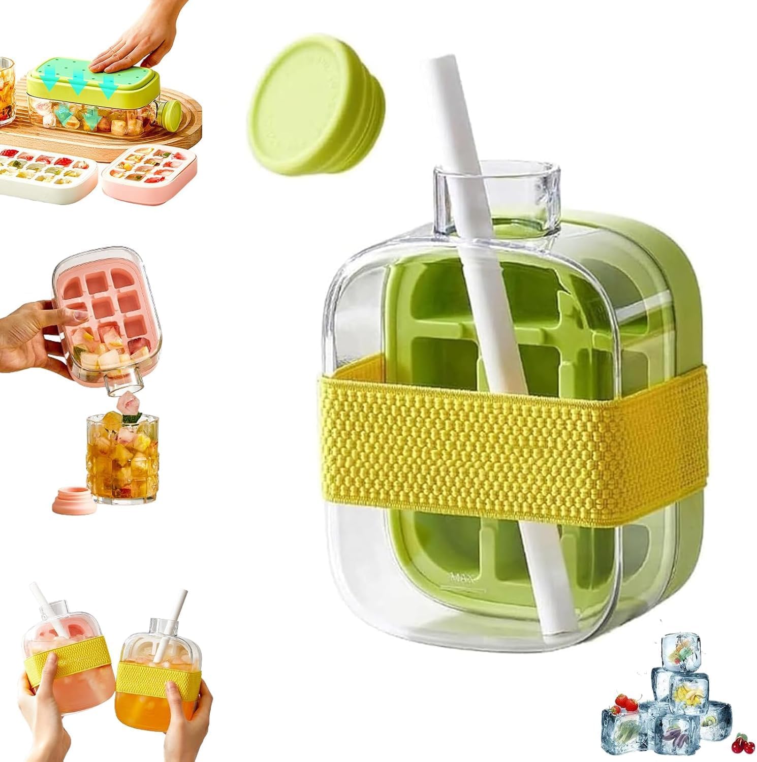 Ice Cube Bottle, Ice Cube Bottle with Lid and Container, 2 in 1 Ice Cube Tray, Water Bottle with Lid and Container