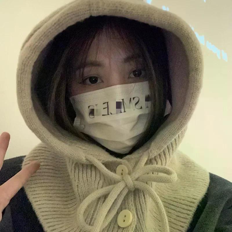 Korea Winter Hats and Scarf Set with Botton Scarf Balaclava Hat Warm Neck Set Women Knitted Wool Pullover Hat Gothic Y2k