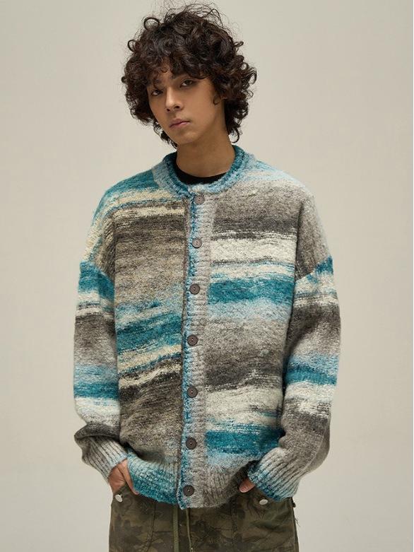 Men's Retro Gradient Color Block Cardigan - Trendy Autumn/Winter Knitwear