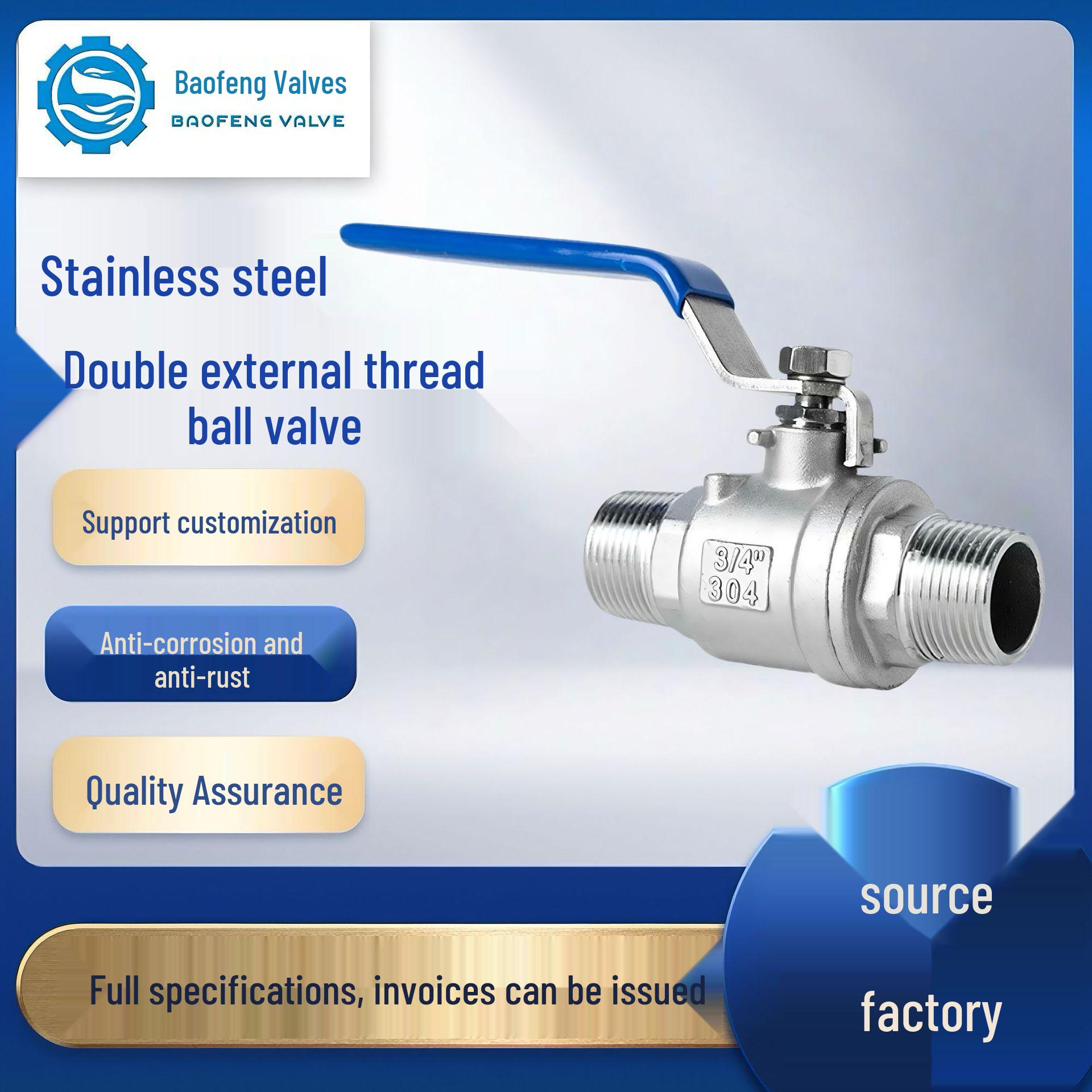 

304 Stainless Steel Double Male Thread Ball Valve, Two-Piece External Thread Switch, Available in 1/2 , 3/4 , and 1 Sizes. 304 Heavy Duty DN10 (3/8 inch) Solid Ball