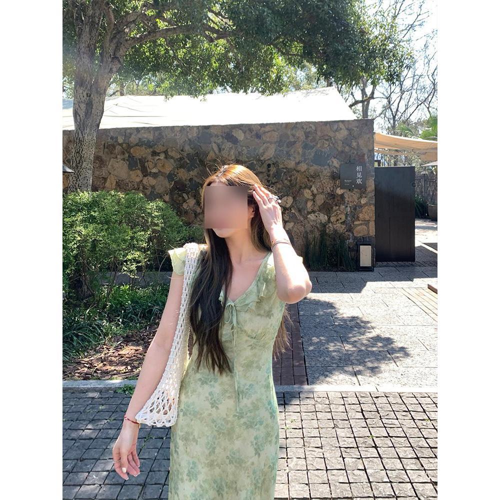 

Зеленое платье с оборками по краю листьев и цветочным принтом для детского отдыха, летнее, новый праздничный стиль, темпераментное платье XL- (recommended 110-60kg)