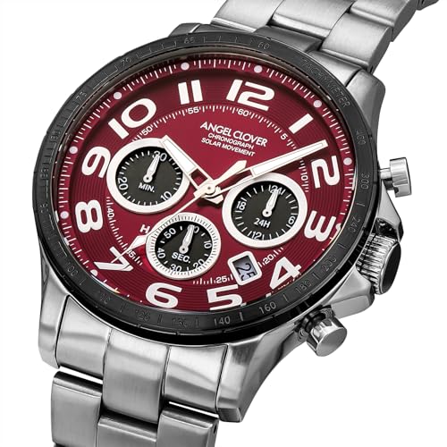 Angel Clover Men's Watch, TIME CRAFT SOLAR, Solar Battery, 10 ATM Water Resistance, Mineral Glass, Red Dial, Stainless Steel, NTCS44SBRE, Silver