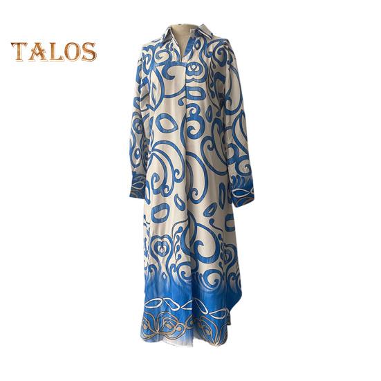 

Осень-весна платье макси соответствующего цвета с принтом и отворотом с V-образным вырезом и длинными рукавами, свободное до середины икры, повседневная одежда, повседневное платье-миди L светло-синий