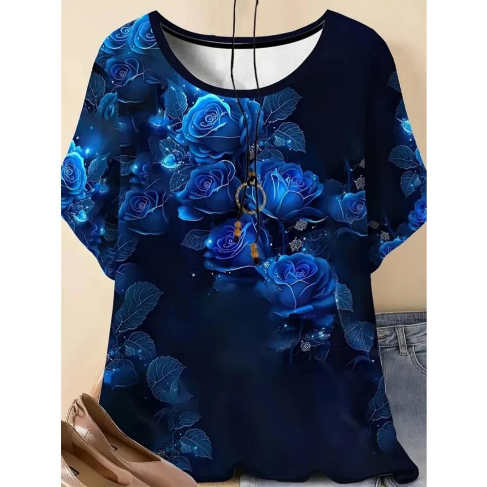 Ladies Summer Colorful Flower Printed Large Loose Casual T-shirt Fashionable Comfortable Soft Breathable Short Sleeved T-shirt