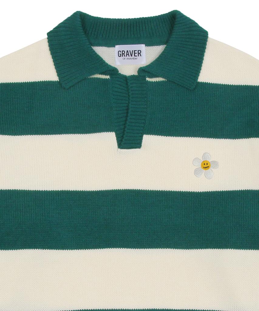 GRAVER [Unisex] Flower Dot Embroidered Striped Collar Knit_Green