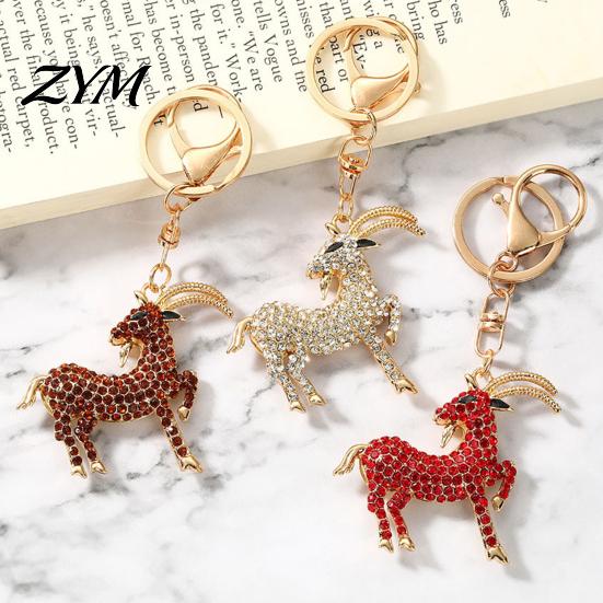Daily Use Keychain Goat with Sparkling Rhinestone, Golden Plated Sheep Alloy Bling Keyring, Animal Pendant for Backpack Handbag Charm Key Ring