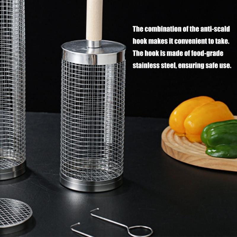 Steel Rotating Grill Basket With Hanging Hook and Wood Handle For Even Cooking And Effortlessly BBQ Food Flipping