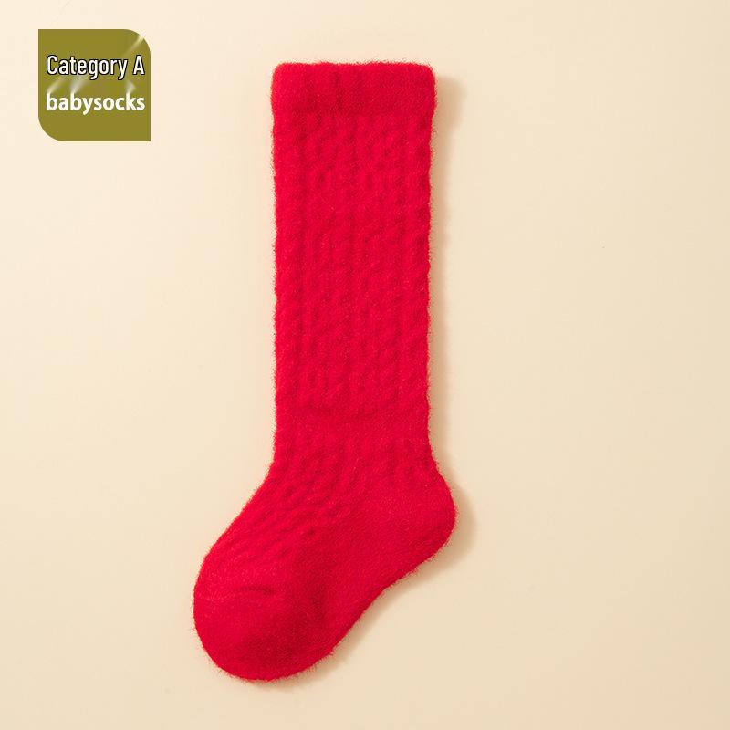 25 Plush Autumn-Winter Newborn Baby Socks, Warm Red for Full Moon & First Year