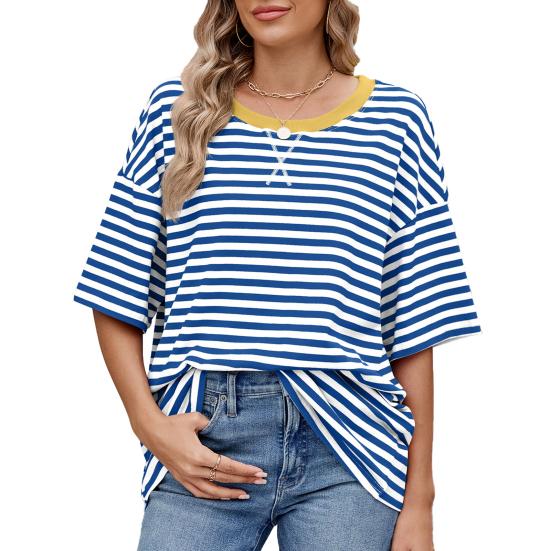 Women T-shirt Loose Fit Striped Print Round Neck Short Sleeve Tee Tops Elastic Fit Summer Pullover Tops