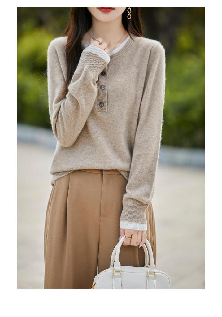 Women's Retro Color Block 100% Wool Round Neck Sweater - Slimming, Versatile, Stylish Knitwear for Autumn/Winter