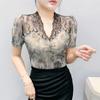 New Summer Women's T-Shirt Elegant Lace Patchwork Hot Diamonds Tops Shirts Fashion Short Sleeved V-Neck Slim Mesh Tees