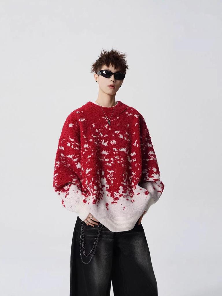 Men's Trendy Red Gradient Snowflake Sweater - Loose Fit, Casual Round Neck, Long Sleeve, Color Block Knitted Top