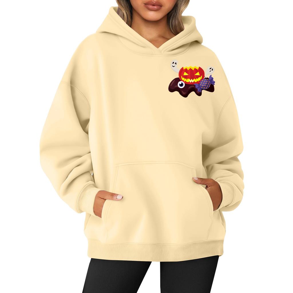 Women's Round Neck Long Sleeve Halloween Print Top Hooded Sweatshirt