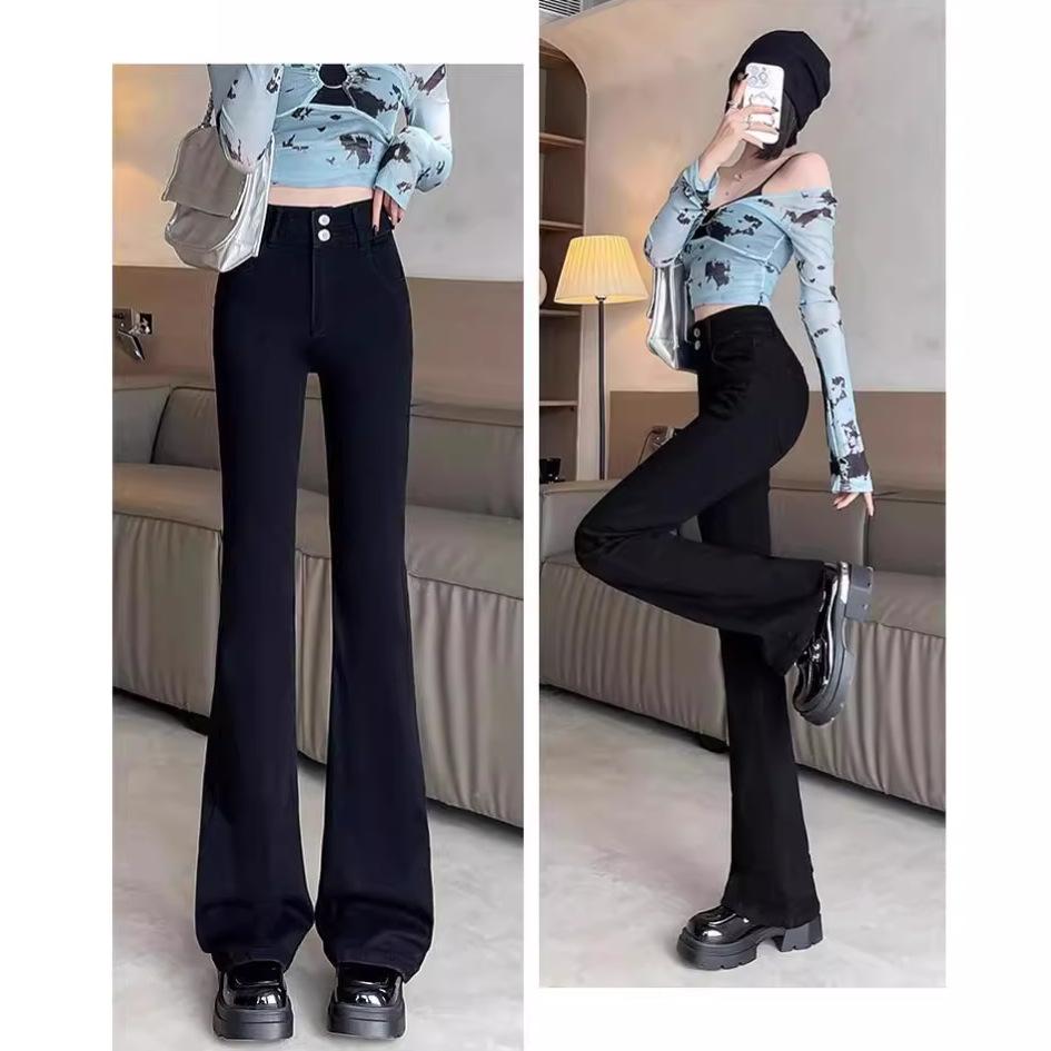 Women High Waist Flare Jeans Vintage Cement Gray Stretch Denim Pants Slim Fit Floor Length Horseshoe Trousers