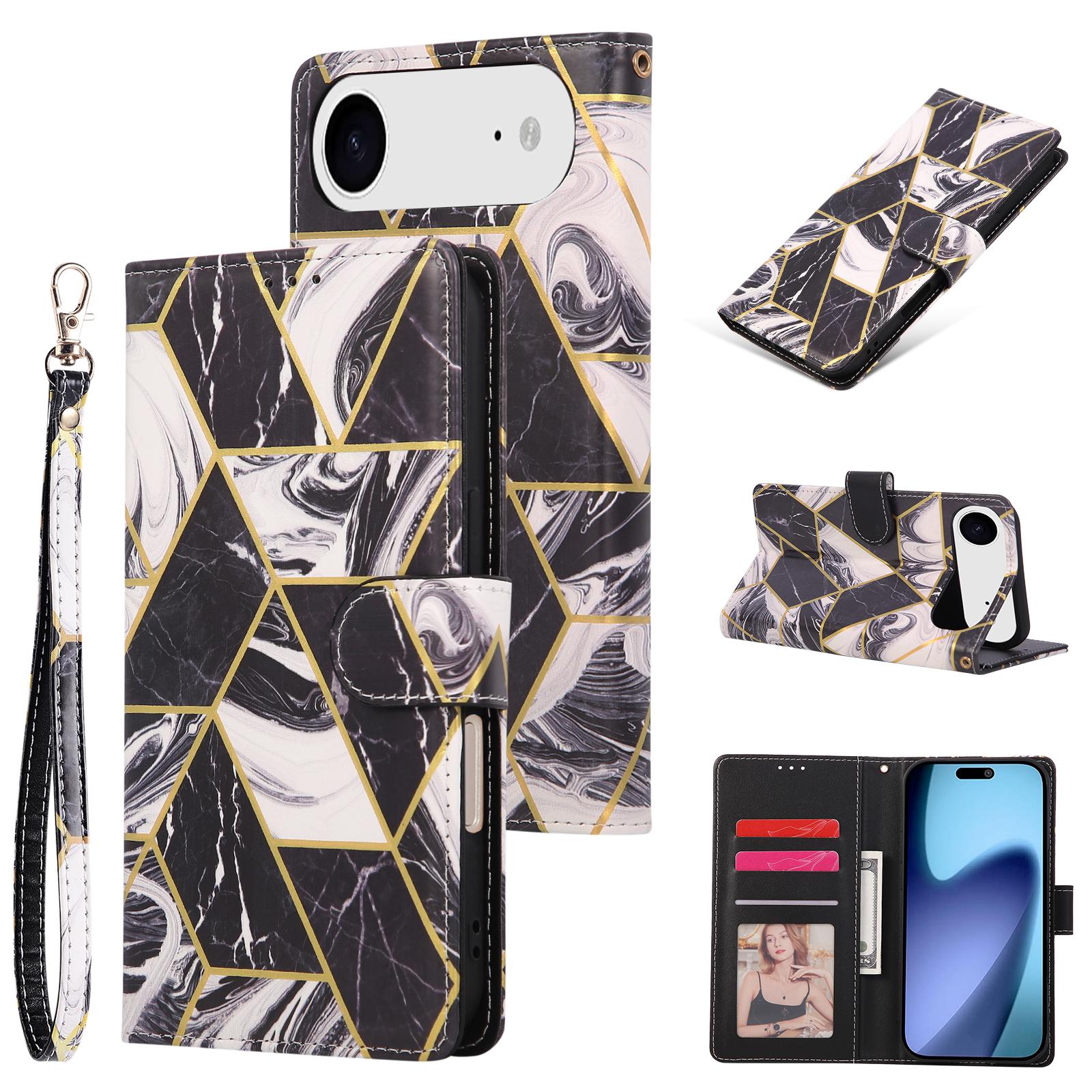 

For iPhone 17 Air Case Lacquered Marble Pattern Leather Phone Cover with Wrist Strap Black