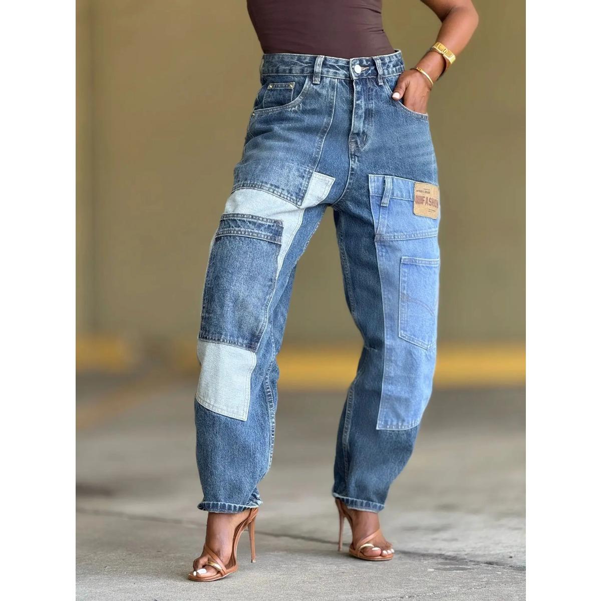

European and American Style Patchwork Multi Pocket Tapered Jeans for Women S синий
