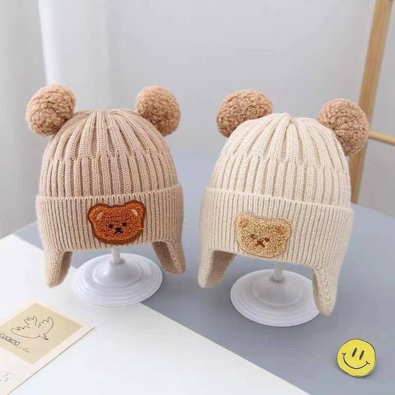 Cappellino invernale per neonato berretto a forma di orso coreano cappello invernale in lana a maglia per bambini berretto tinta unita cappello invernale per neonato con paraorecchie