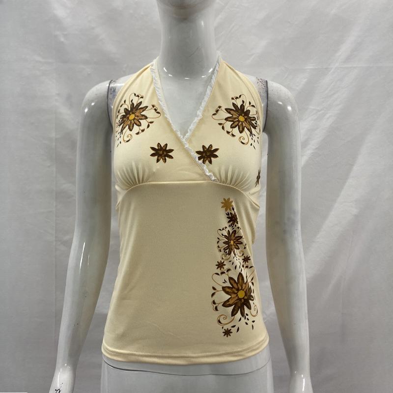 European and American summer retro printed V-neck hanging neck vest women's clothing