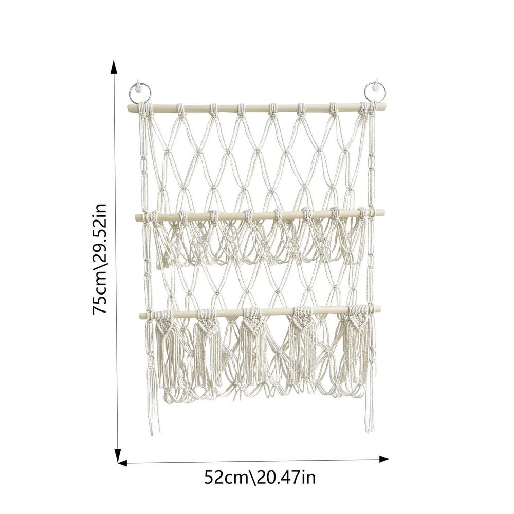 Bohemian Style Hand-Woven Wall Hanging Tapestry Wood Shelf Planter Basket 2 Tier Hanging Rack Art Wall Shelves Macrame