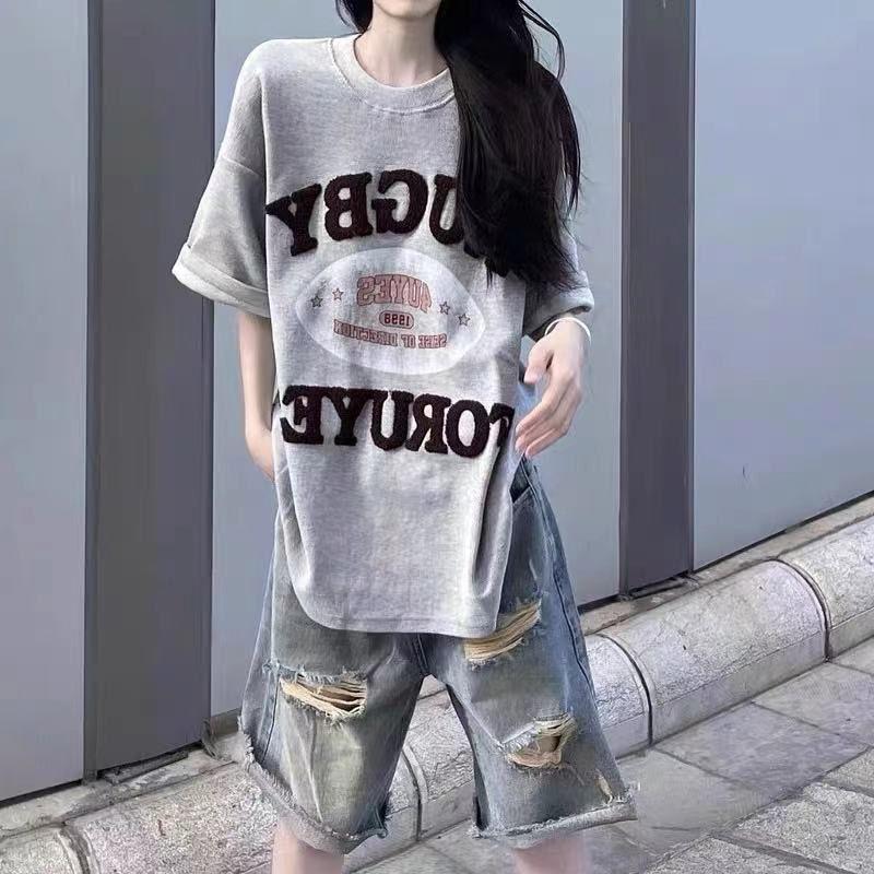 Summer High Waist Vintage Washed Loose Straight Leg Distressed Denim Shorts for Women Plus Size