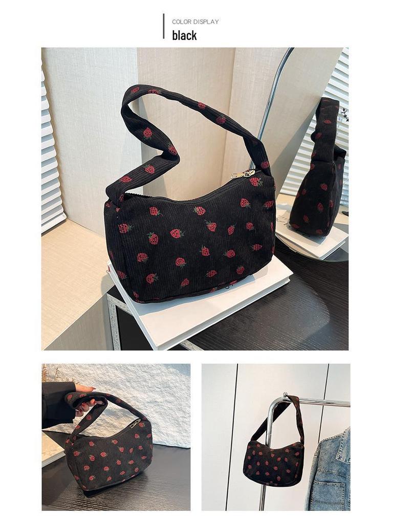 Korean-Style Strawberry Print Corduroy Handbag - 2025 Autumn Collection