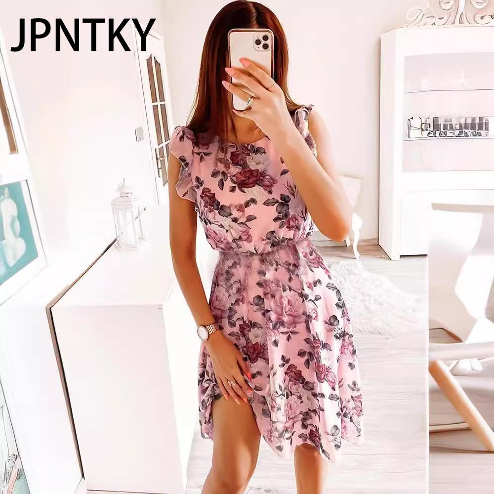 

JPNTKY Модное женское повседневное свободное платье с круглым вырезом и рукавами-бабочками с цветочным принтом XXXL розовый