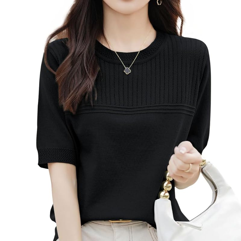 

[Bidason] knit ladies sweater short sleeve summer knit Openwork knitting ventilation comfortable cool High elasticity stress free Plain color simple