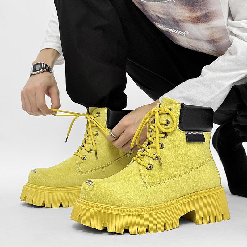 Yellow Designer Ankle Boots Men Autumn Outdoor Suede Boots Fashion High Top Platform Men Shoes Outdoor Tooling Motorcycle Boot