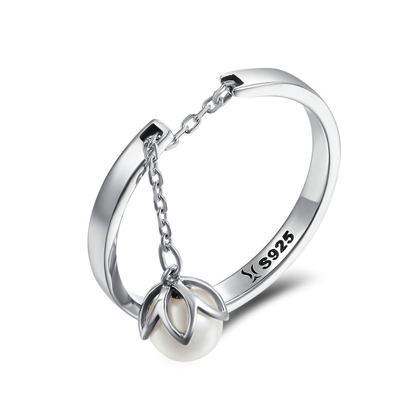 WOSTU Real 925 Sterling Silver Black White Pearl Chain Opening Rings For Women Flower Tears Link Ring Wedding Party Jewelry Gift