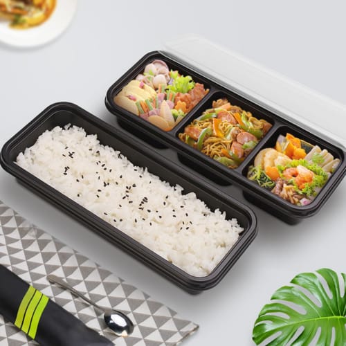 MiniMood Disposable Lunch Boxes, 3-Pack, 600ml, 50-Piece Set, Black, with Clear Lids, Microwave-Safe, for Lunch Delivery, Dishware, and Storage (22x9.