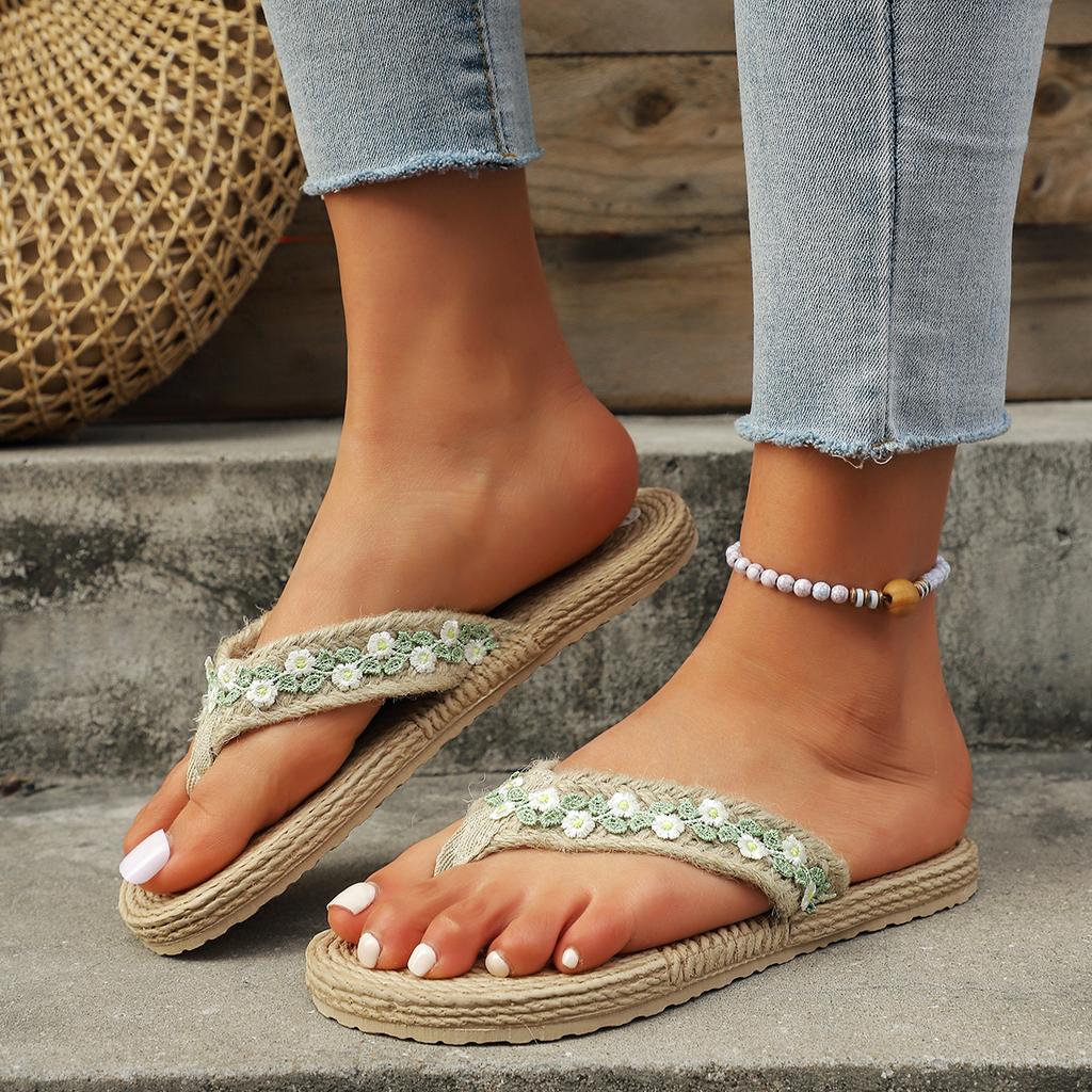 Fashion 2025 New Linen Flower Decor Flip Flops Fashion Women Slides Flat Heel Outdoor Beach Summer Woman Slippers Ladies Shoes