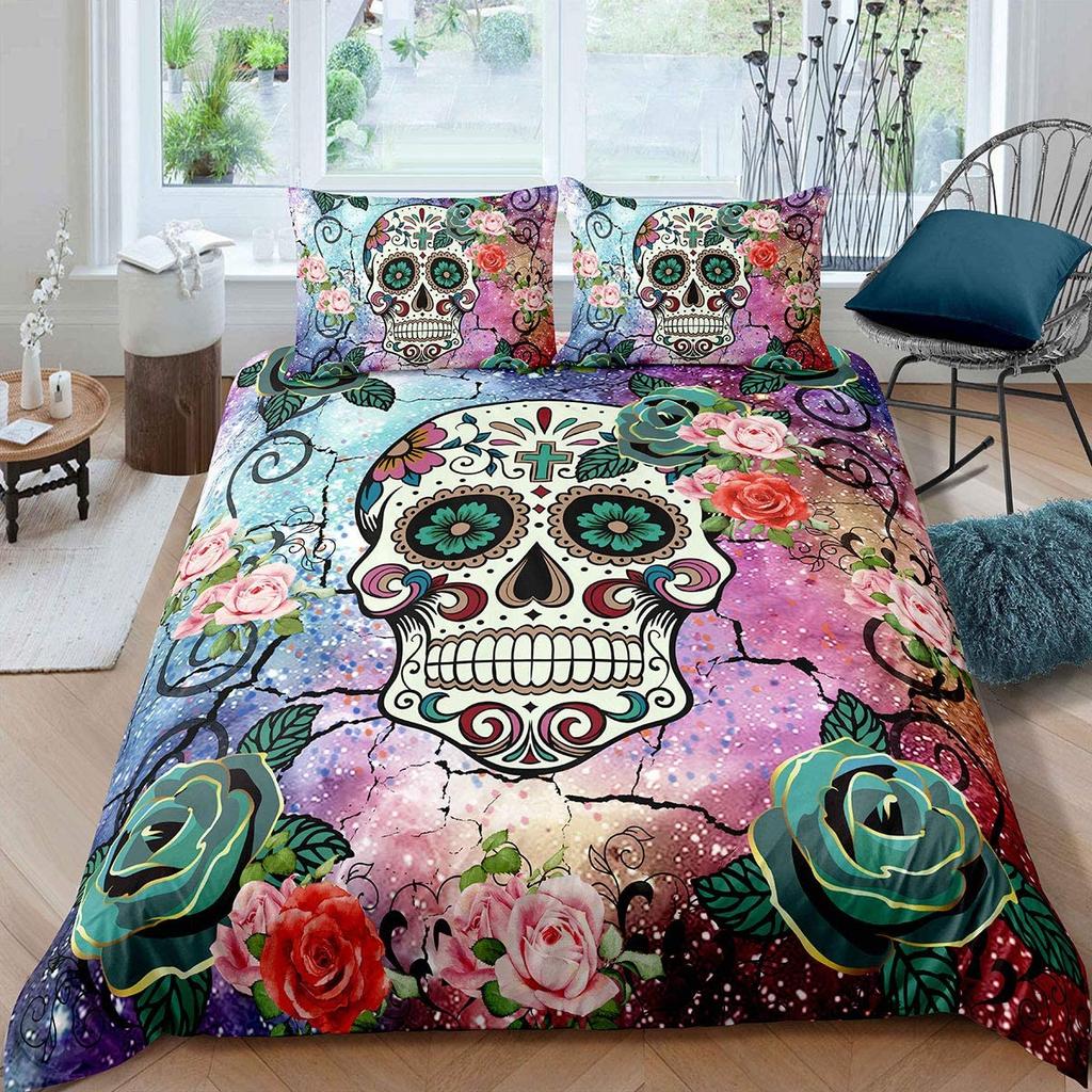 Sugar Skull Comforter Cover Set Teen Girl Bedding Set,Sugar Skull Decor Bedding Skull Roses Floral Print Duvet Cover Set