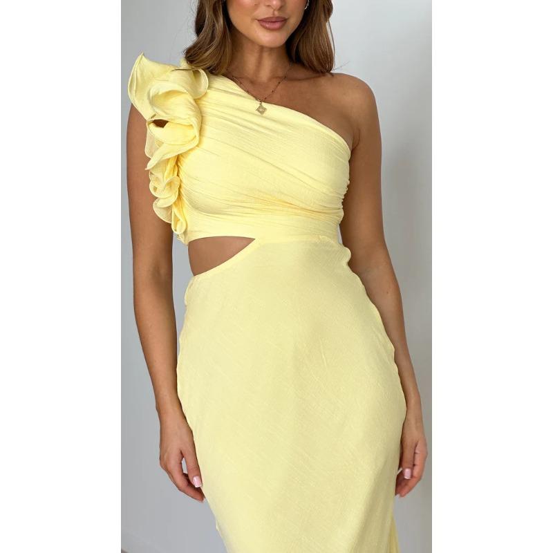 VEZFAA Women's Fashion Summer Spring Flower Pattern Print Sleeveless Oblique Collar High Waist Casual Dresses