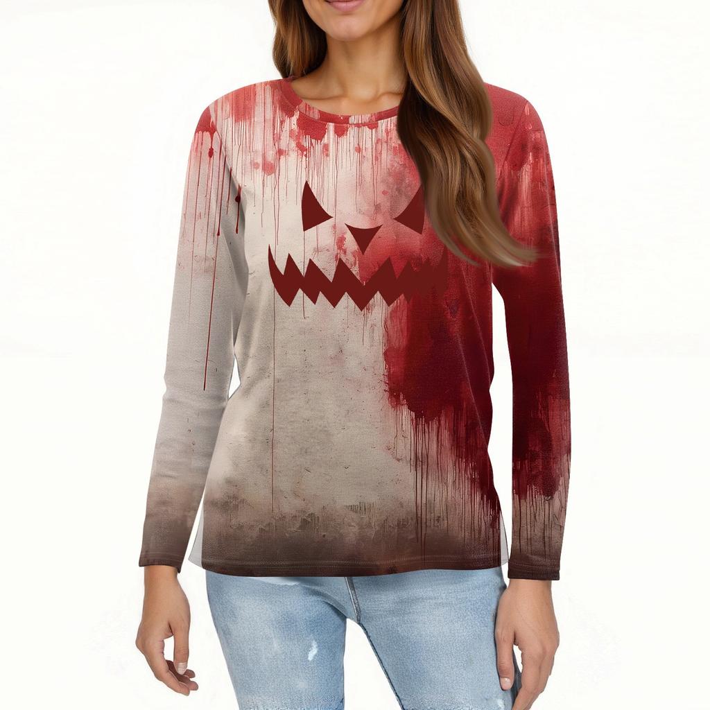 Women's Fashion Casual Slit Hem Round Neck Long Sleeve Loose Halloween Printed T-Shirt Ladies Top