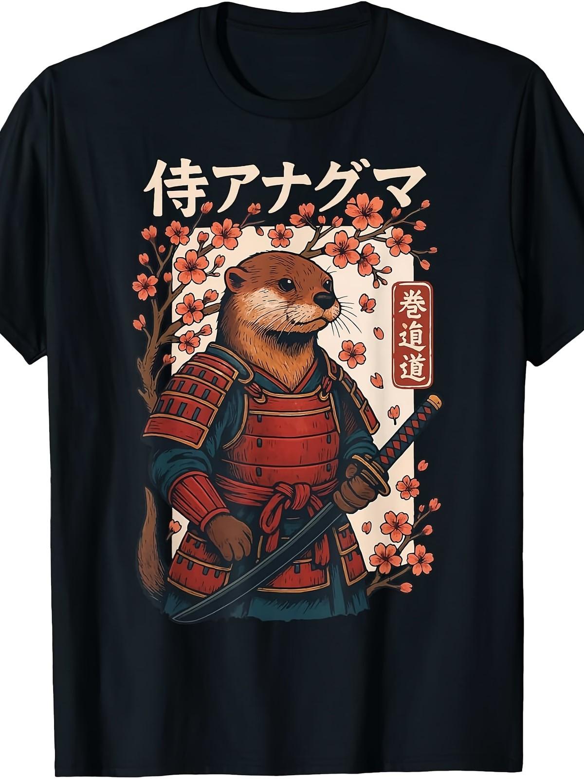Otter Samurai Graphic T-Shirt Cute Japanese Warrior Animal Tee M