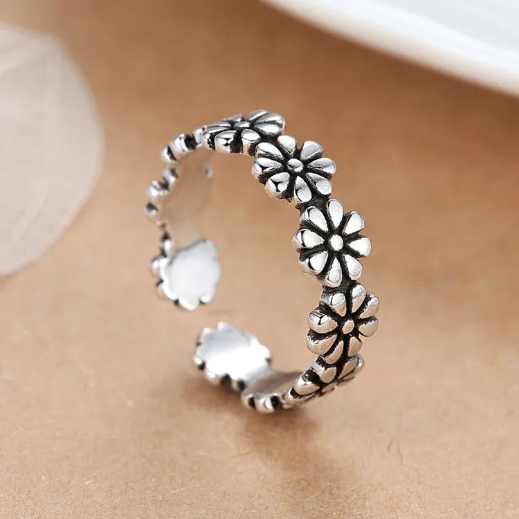 Retro 925 Silver Flowers Open Rings For Women Vintage Jewelry Accessories